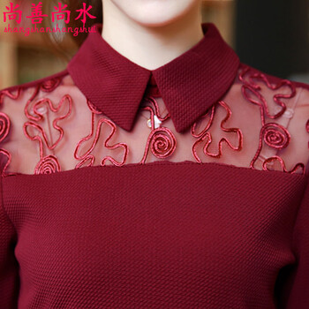 尚善尚水2015新款大码韩版时尚修身显瘦雪纺衫女长袖娃娃领打底衫镂空绣花长袖职业装衬衫上衣 宝蓝色 2XL