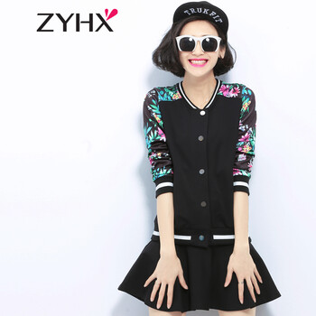 自由呼吸2015新款韩版印花运动服女款秋装 春秋时尚休闲外套 大码开衫卫衣女装 棒球服 黑蝴蝶兰 上衣 XXL
