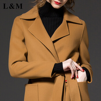 L&M欧洲站冬季新款简约时尚气质中长款羊毛呢大衣风衣外套女冬厚款含腰带F3009 驼色 M