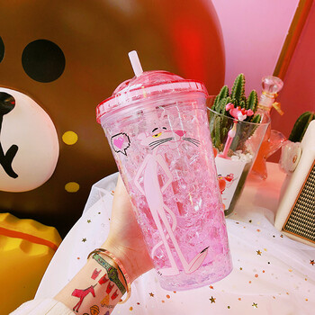 可爱卡通冰杯创意吸管杯少女心粉色夏季便携随手杯水杯透明饮料杯sn