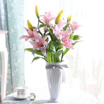 仿真百合花客厅陶瓷插花落地装饰品假花花艺套装 粉百合5支 波西花瓶