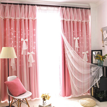 梦幻抖音窗帘成品遮光布简约现代蕾丝窗帘公主风卧室客厅窗帘 粉红色