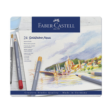 辉柏嘉（Faber-castell）水溶性彩铅笔24色专业手绘美术生专用蓝铁盒彩色铅笔GoldfaberAqua系列114624美术生专用写生