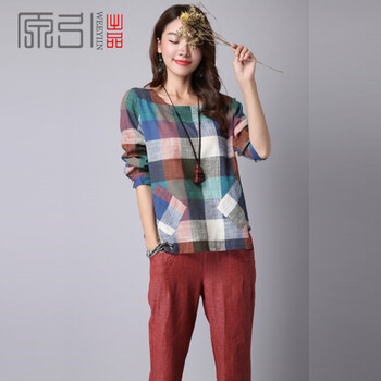 原引WEEYIIN2016民族风胖MM宽松棉麻t恤格子大码棉麻女装长袖上衣长袖t恤女 红色 XL