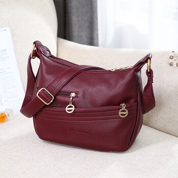 2018新女款女士中年斜挎包软皮妈妈包中老年单肩斜跨包大包袋 酒红色