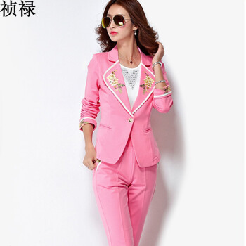 祯禄2015时尚休闲女西服粉色秋装蓝玫瑰秋季小西装裤职业套装 8100 粉红色 XXL