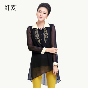 纤麦时尚纱袖雪纺衬衫女款131005 蓝色 XXXL