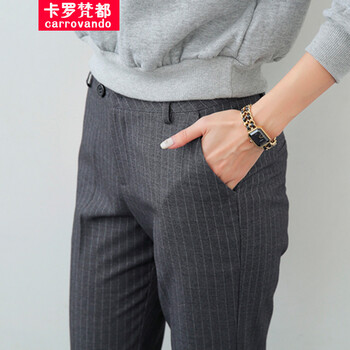 卡羅梵都 2015秋冬 OL通勤款条纹西装裤 休闲裤 长裤 女 K041 浅灰色 L