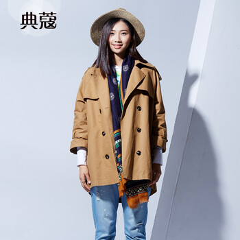 典蔻2015春秋装新款 韩版女士中长款风衣外套 学院风宽松大码女装 九分袖学生工装外套 卡其色 S
