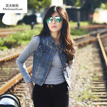2015洗水磨破韩版秋季新款个性女士牛仔马甲背心 女人味 蓝色 XL