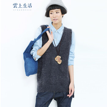 云上生活2015秋马甲文艺V领针织中长款马夹43J861 深灰色 S