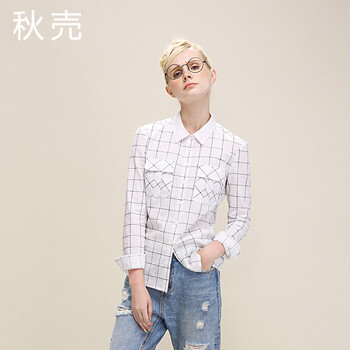 
                                        秋壳秋装新款拼接格子口袋衬衫女衬衣5530110040 白色 S                