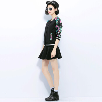 自由呼吸2015新款韩版印花运动服女款秋装 春秋时尚休闲外套 大码开衫卫衣女装 棒球服 黑蝴蝶兰 上衣 XXL