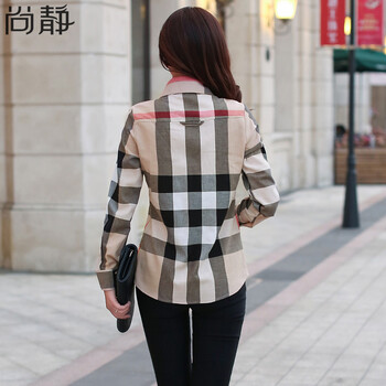 尚静女装2015秋装新款衬衫 女 大格纹时尚休闲短长款衬衣 土黄大格纹 M