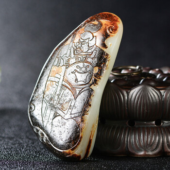 省级玉雕大师康凯星工作室作品 和田玉 万年黑皮武将把件 144.