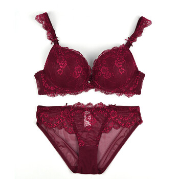 蕾丝文胸套装性感厚小胸聚拢女内衣深v大码胸罩秋 酒红色 75c=34cm码