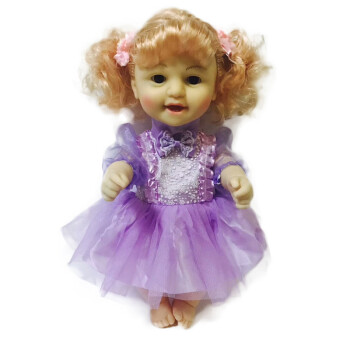 会说话闭眼哭笑 喝奶打针脸红婴儿童玩具f 紫色裙女娃娃 45cm 充电