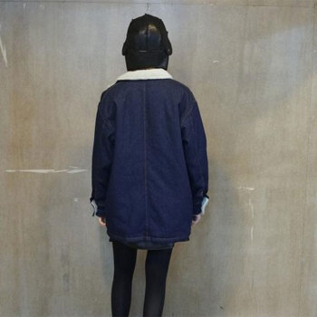 【阿美氏】JQ1/955女装羊羔绒牛仔大外套风衣.秋冬复古宽松翻领长袖.加大码加绒加厚长款 图片色 L码/大码