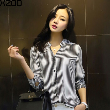 XZOO 雪纺衫女长袖韩版修身条纹衬衫上衣2016夏季新款 黑条纹 L