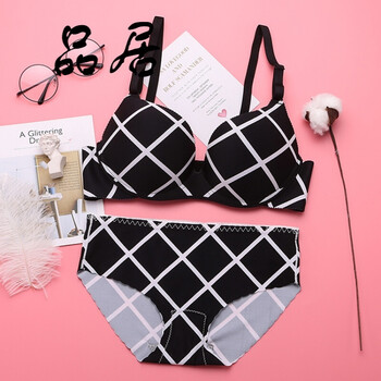 内衣套装女文胸无钢圈聚拢性感小胸上托少女胸罩调整型 01黑白格套装