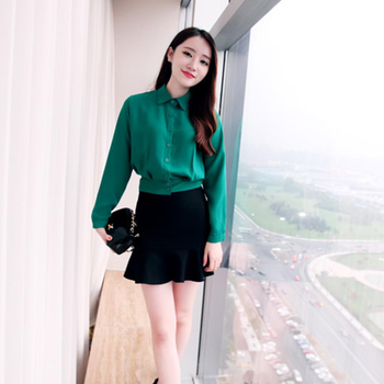 淘衣街2015秋季女装新款韩版百搭短款纯色收腰长袖衬衫衬衣女 雪纺衫P9832 红色 L