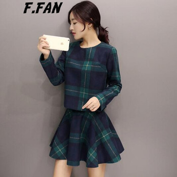 F.FAN 番番 2015秋冬装新款欧洲站英伦时尚格子修身毛呢连衣裙两件套半身裙套装 绿色 L