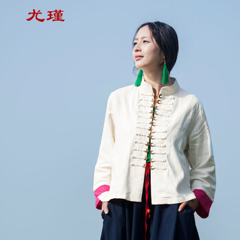 
                                        尤瑾 2015秋装新款民族风女装中式棉麻盘扣改良唐装上衣休闲外套 白色 L                
