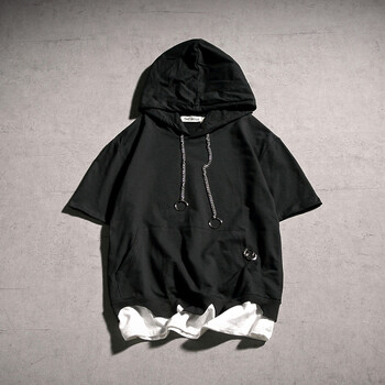 短袖卫衣男连帽原宿t恤男款bf风韩版宽松潮破洞 黑色 m