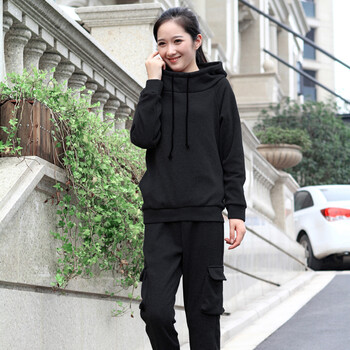 F.S.TL卫衣套装女2015秋冬季韩版加绒加厚连帽休闲运动服套装卫衣女 黑色 XXL