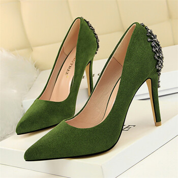 新款欧美风时尚宴会高跟鞋女鞋绒面高跟浅口尖头后金属水钻单鞋 墨绿