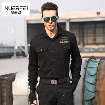 服长袖衬衣休闲工装军装宽松上衣夏潮武警部队特战服 男式黑色 长袖>