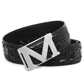 波伽伦真鳄鱼皮皮带男 不锈钢平滑字母板扣男士真皮皮带腰带男 银m字