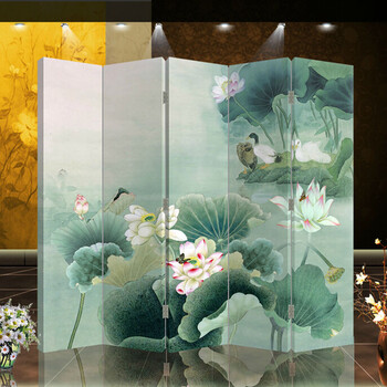 优阁调防水防透免安装折叠双面中式艺术屏风隔断酒店会所美容院屏风水墙文化墙背景墙隔断墙456 天蓝色 6扇防水防透加厚
