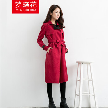 梦蝶花2015秋装新款修身鹿皮绒女式风衣中长款 休闲大码外套女潮 红色 M