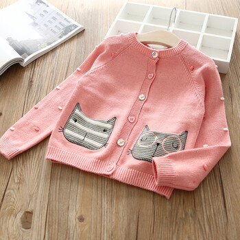 全棉线女童毛衣开衫2018新款春装宝宝儿童可爱猫咪圆领针织衫外套