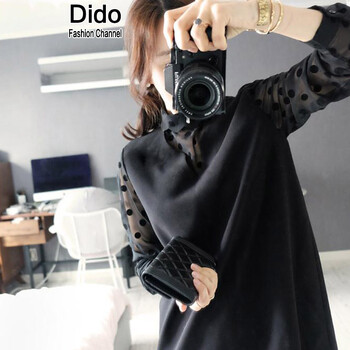 dido2016连衣裙长袖女春装韩版纯色雪纺连衣裙大码女装裙子 黑色(预售年后发货) L