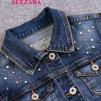 ACE ZARA2015秋季新款欧美时尚简约翻领单排扣常规款长袖牛仔衣铆钉淑女甜美短外套 牛仔蓝 M