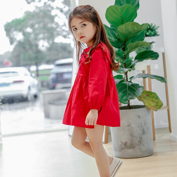 女童灯芯绒背带裙秋冬装2017新款棉小女孩冬季连衣裙子 红色绣花 120