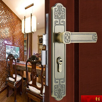 家用室内锁门把手新中式 仿古房门锁 卧室实木静音门锁三件套 青古