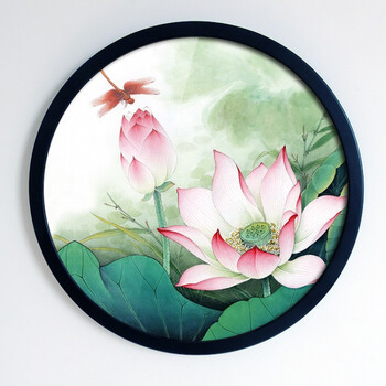 荷花 新中式禅意创意圆形框装饰画花卉工笔墙画挂画有框画客厅画 01