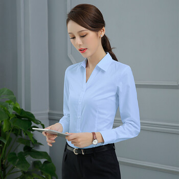 春装新款v领白衬衫女长袖职业白色衬衣棉修身工作服纯色女士寸衫 蓝色
