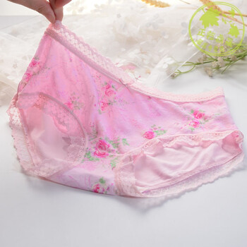 女士冰丝网纱无痕印花内裤女中腰高腰大码平角女胖次 彩田款粉红色 中
