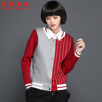 苏拉名媛  2015秋装新款 韩版修身针织棒球服女休闲短外套上衣潮Z3700 灰色 L建议115-125斤