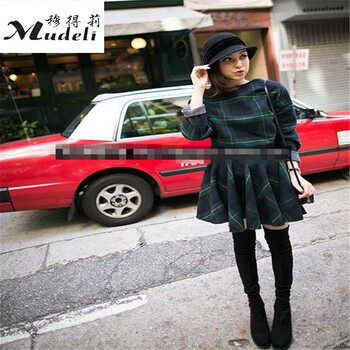 穆得莉（Mudeli） 2015欧美秋装新款韩国英伦复古格子宽松毛呢上衣蓬蓬连衣裙套装 蓝黄格 均码