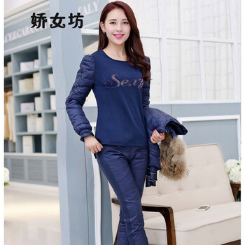 娇女坊       2015秋冬装新款淑女装修身时尚蕾丝羽绒棉服三件套短款棉衣 紫色 L