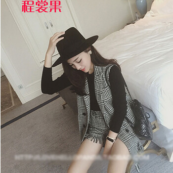 程裳果 2015秋季新款欧美时尚格子流苏双排扣马甲马夹+高腰短裤潮流女装 图片色 M