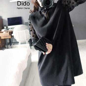 dido2016连衣裙长袖女春装韩版纯色雪纺连衣裙大码女装裙子 黑色(预售年后发货) L