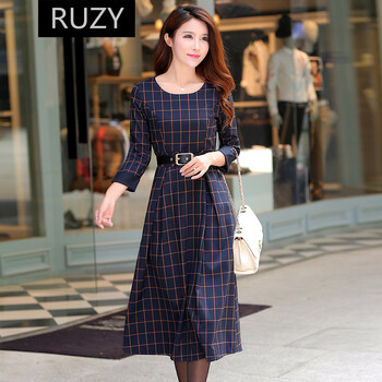 RUZY秋装复古格子长裙连衣裙 图片色 XL