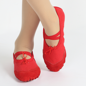 儿童女宝宝红表演舞蹈软底芭蕾舞鞋瑜珈型体猫爪练功鞋 红色 皮头 27