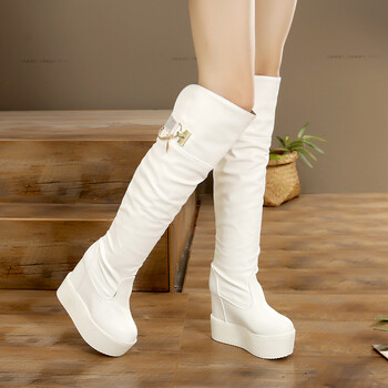 超高跟鞋13cm白色长靴内增高女靴冬季新款坡跟过膝靴子 白色水钻 35